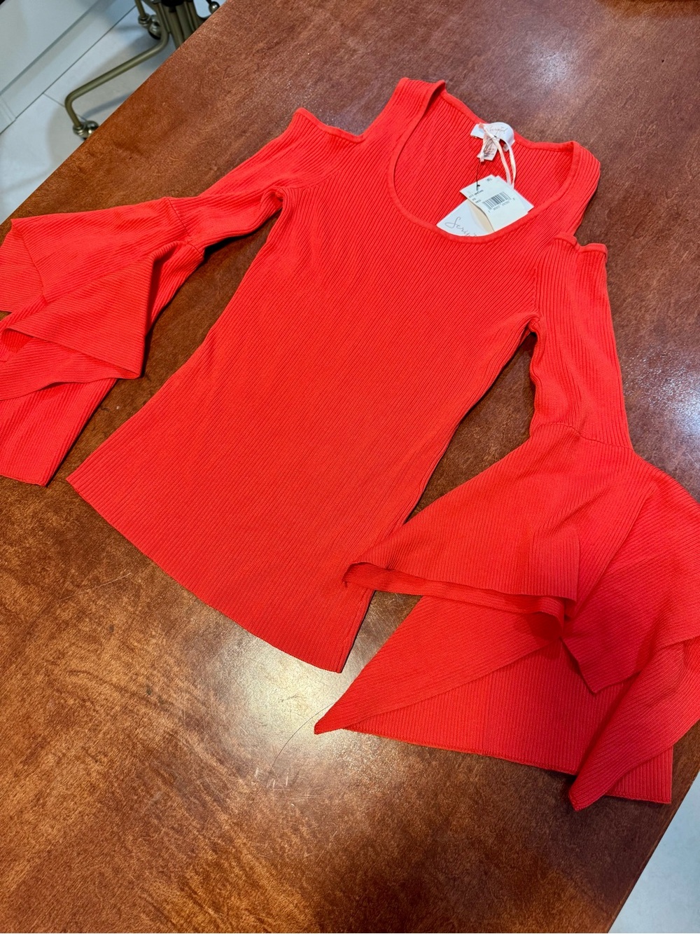 Scripted Bold Orange Cold-Shoulder Ribbed Bell-Sleeve Top - Picture 3 of 10